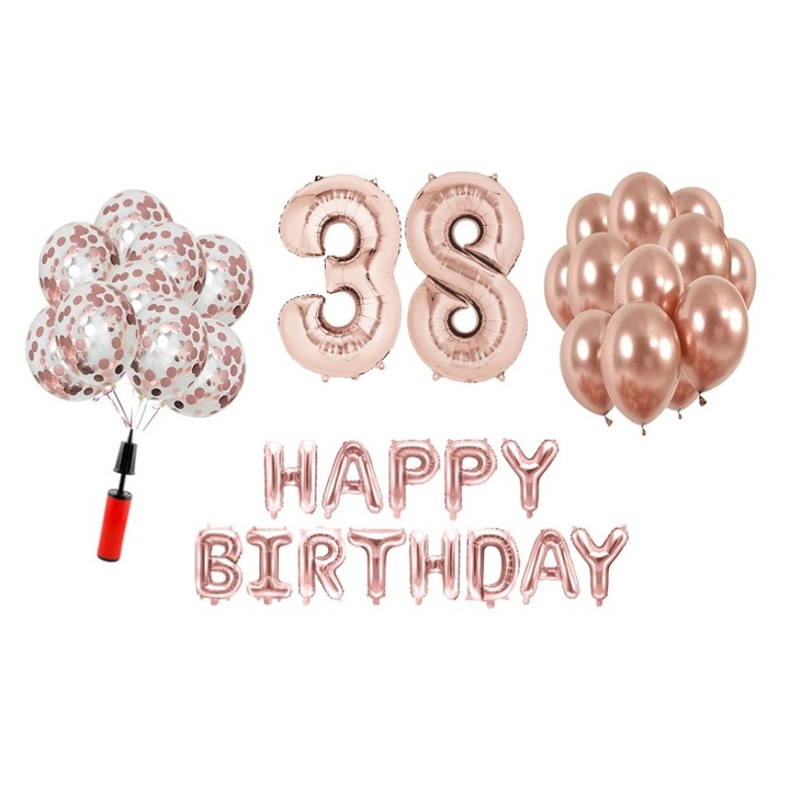 36 db lufi készlet, Boldog születésnapot 38 éves évfordulóra, fóliaszámok 100 cm, rózsaszín arany