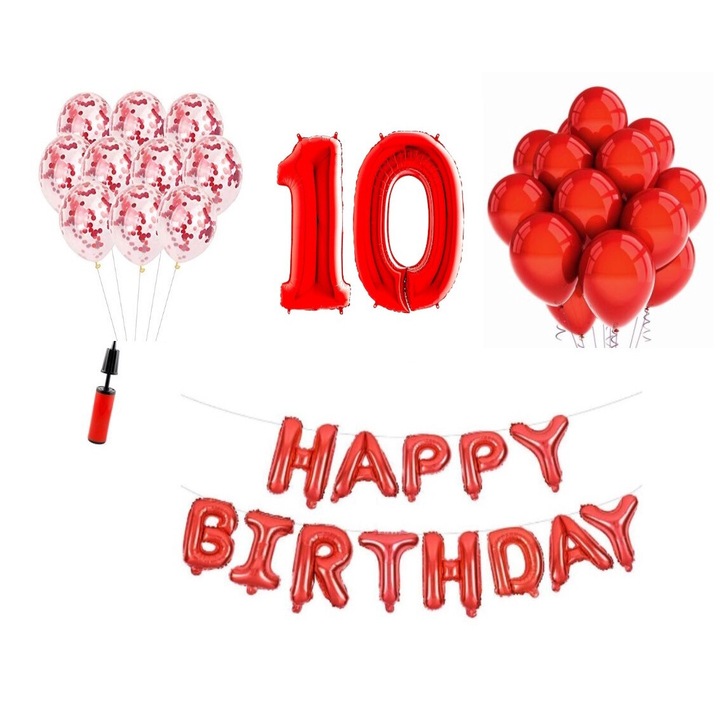 36 db lufi készlet, Boldog születésnapot 10 éves évfordulóra, fóliaszámok 100 cm, piros