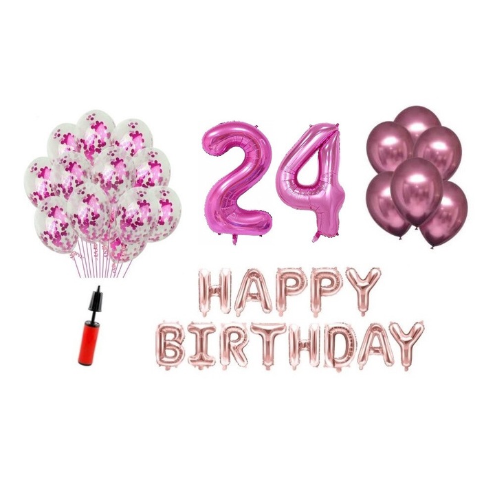 36 db lufi készlet, Boldog születésnapot 24 éves évfordulóra, fóliaszámok 100 cm, rózsaszín