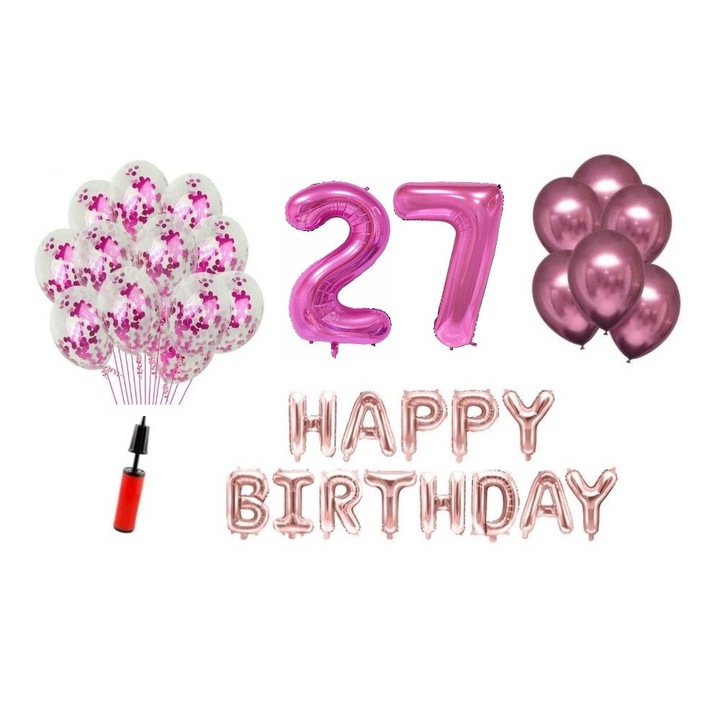 Комплект балони, 36 елемента, Domi Party & Gifts, Happy Birthday 27 години, фолио цифри 101 см, розов