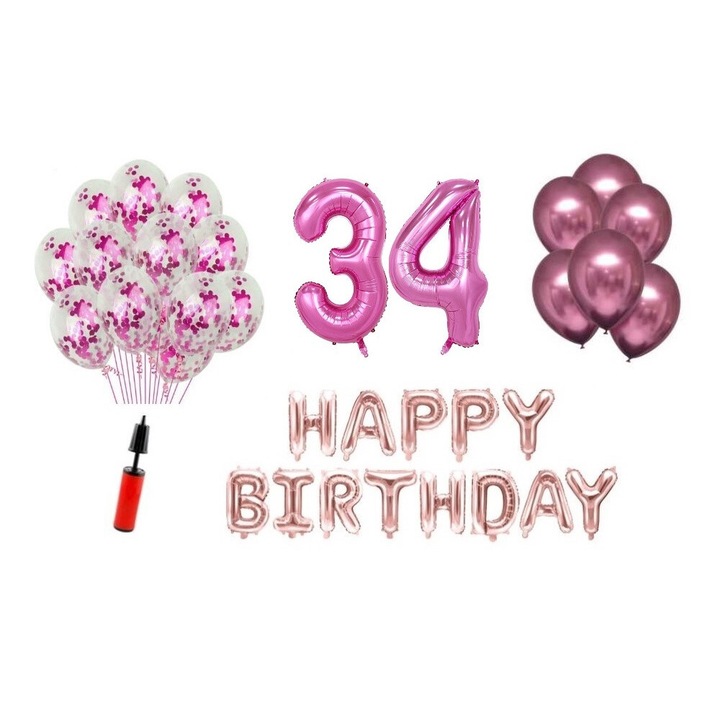 36 db lufi készlet, Boldog születésnapot 34 éves évfordulóra, fóliaszámok 100 cm, rózsaszín