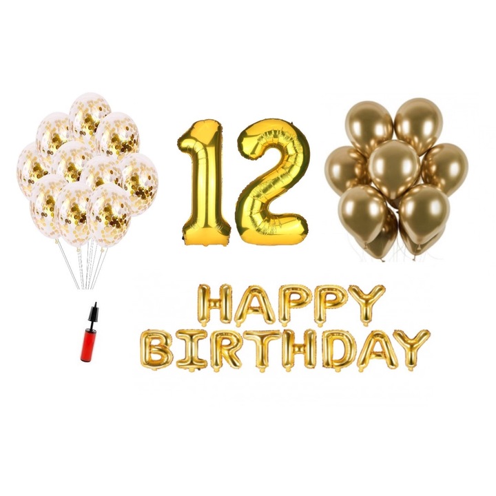 36 db lufi készlet, Boldog születésnapot 12 éves évfordulóra, fóliaszámok 100 cm, arany