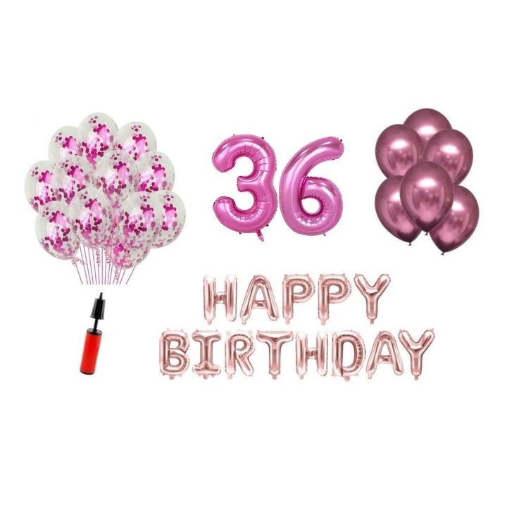 36 db lufi készlet, Boldog születésnapot 36 éves évfordulóra, fóliaszámok 100 cm, rózsaszín