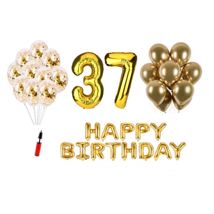 Set 36 baloane, Happy Birthday aniversare 37 ani, cifre folie 100 cm, auriu