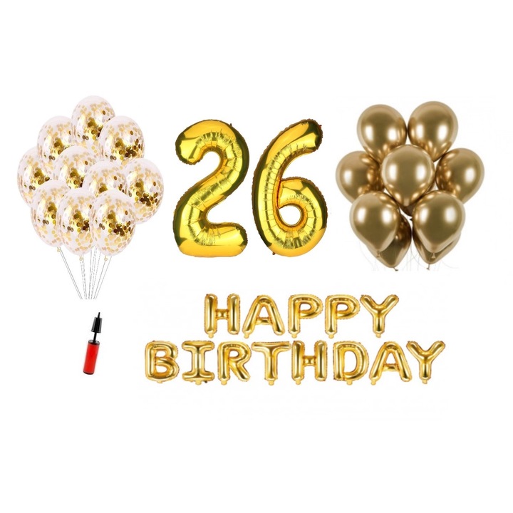 36 db lufi készlet, Boldog születésnapot 26 éves évfordulóra, fóliaszámok 100 cm, arany