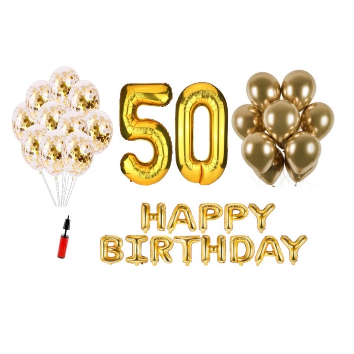 Комплект 36 балона, Happy Birthday 50 години юбилей, фолио цифри 100 см, Златист