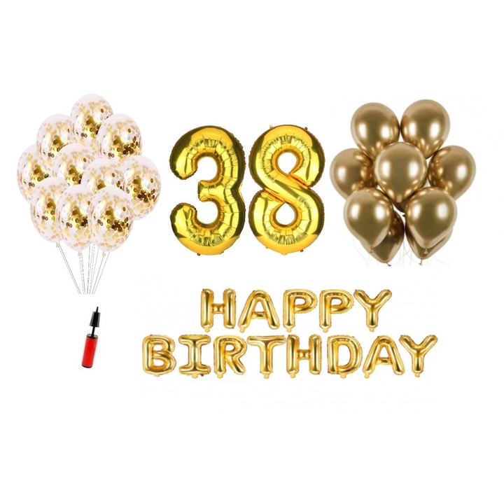 Lufi készlet, 36 elem, Boldog születésnapot 38 éves évfordulóra, fólia számok 101 cm, arany