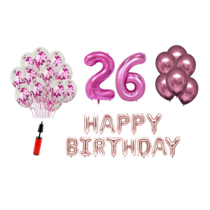 36 db lufi készlet, Boldog születésnapot 26 éves évfordulóra, fóliaszámok 100 cm, rózsaszín