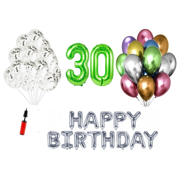 36 db lufi készlet, Boldog születésnapot 30 éves évfordulóra, fóliaszámok 100 cm, zöld