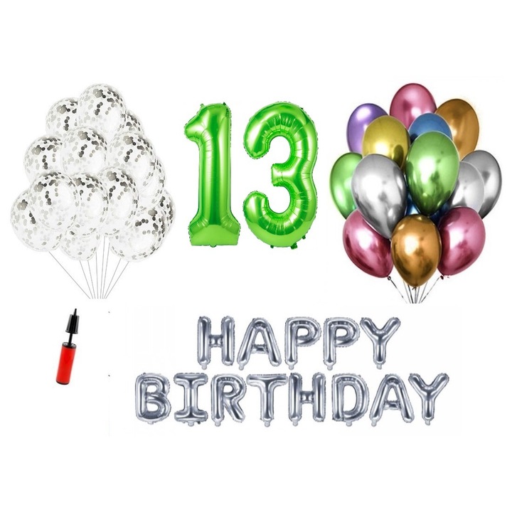 36 db lufi készlet, Boldog születésnapot 13 éves évfordulóra, fóliaszámok 100 cm, zöld