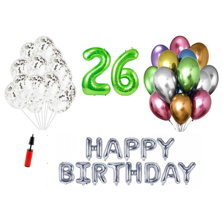 36 db lufi készlet, Boldog születésnapot 26 éves évfordulóra, fóliaszámok 100 cm, zöld