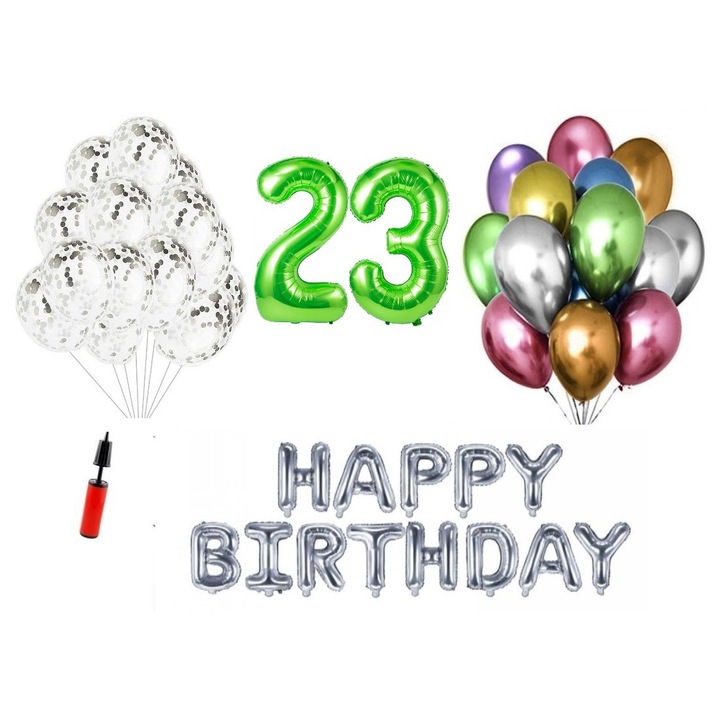36 db lufi készlet, Boldog születésnapot 23 éves évfordulóra, fóliaszámok 100 cm, zöld