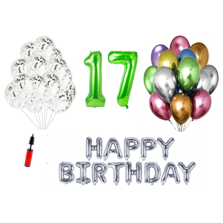 36 db lufi készlet, Boldog születésnapot 17 éves évfordulóra, fóliaszámok 100 cm, zöld