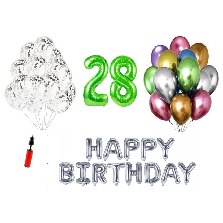 36 db lufi készlet, Boldog születésnapot 28 éves évfordulóra, fóliaszámok 100 cm, zöld