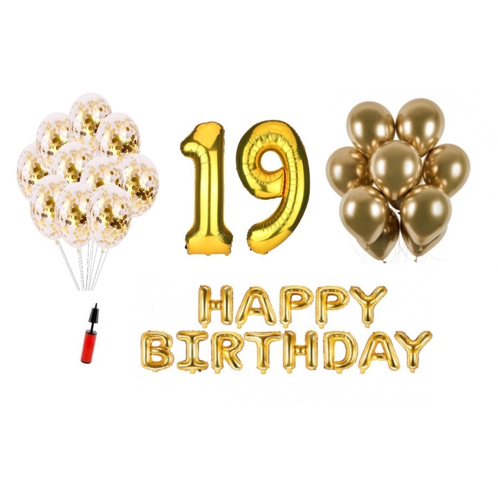 36 db lufi készlet, Boldog születésnapot 19 éves évfordulóra, fóliaszámok 100 cm, arany
