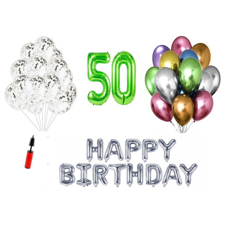 36 db lufi készlet, Boldog születésnapot 50 éves évfordulóra, fóliaszámok 100 cm, zöld