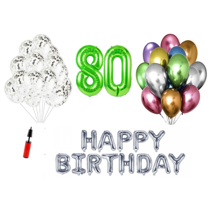36 db lufi készlet, Boldog születésnapot 80 éves évfordulóra, fóliaszámok 100 cm, zöld