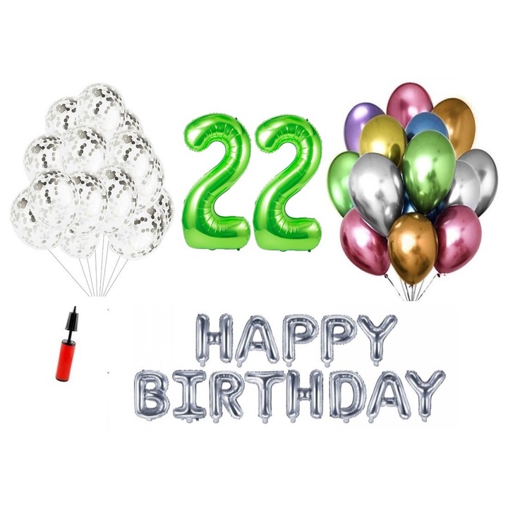 36 db lufi készlet, Boldog születésnapot 22 éves évfordulóra, fóliaszámok 100 cm, zöld