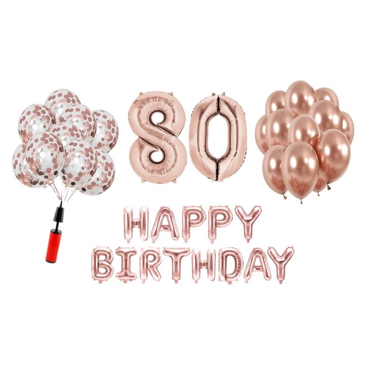 36 db lufi készlet, Boldog születésnapot 80 éves évfordulóra, fóliaszámok 100 cm, rózsaszín arany