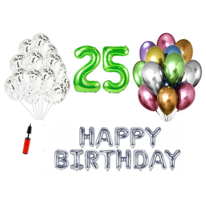 36 db lufi készlet, Boldog születésnapot 25 éves évfordulóra, fóliaszámok 100 cm, zöld