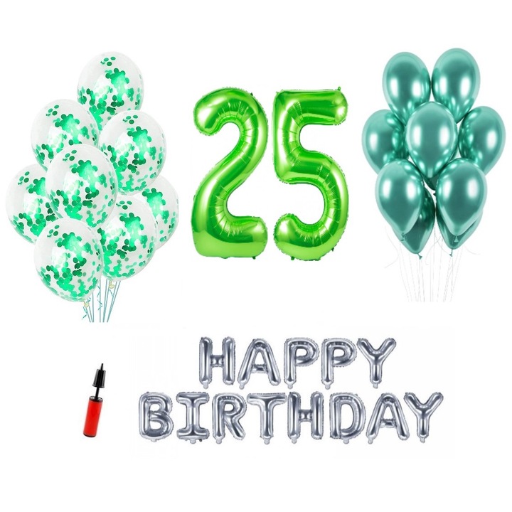 36 db lufi készlet, Boldog születésnapot 25 éves évfordulóra, fóliaszámok 1 m, zöld