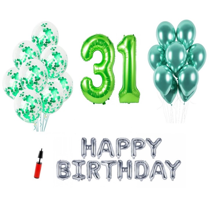 Set 36 baloane, Happy Birthday aniversare 31 ani, cifre folie 1 m, verde