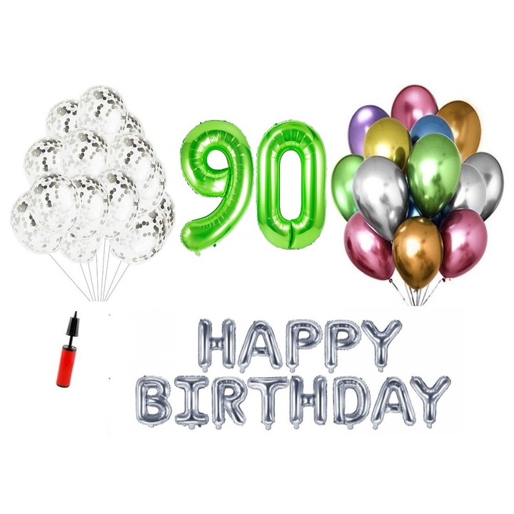 36 db lufi készlet, Boldog születésnapot 90 éves évfordulóra, fóliaszámok 100 cm, zöld