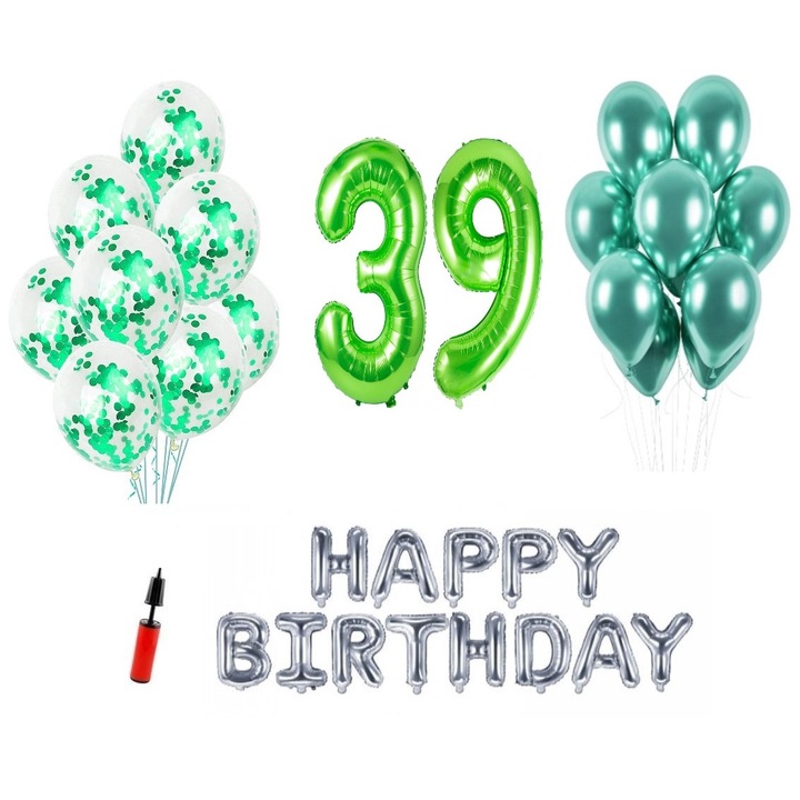 36 db lufi készlet, Boldog születésnapot 39 éves évfordulóra, fóliaszámok 1 m, zöld