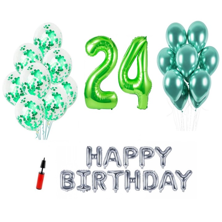 36 db lufi készlet, Boldog születésnapot 24 éves évfordulóra, fóliaszámok 1 m, zöld