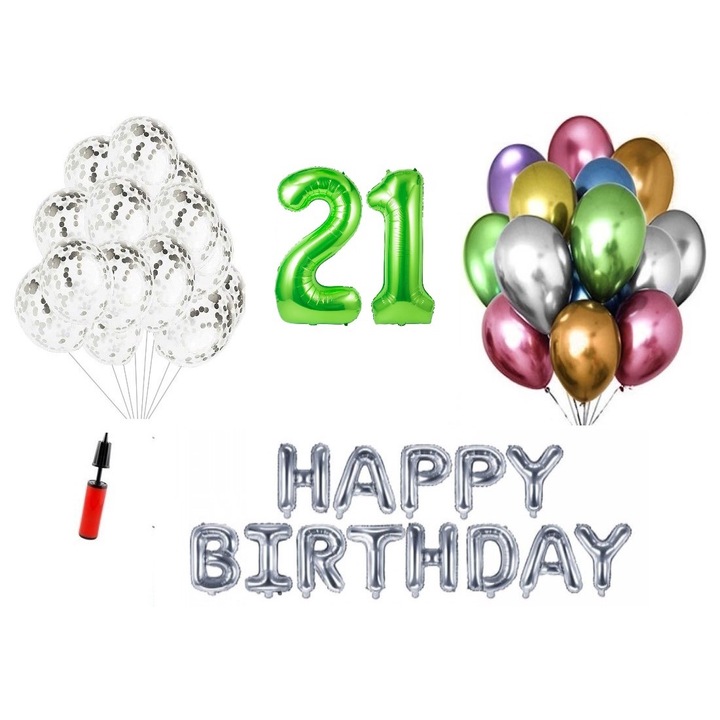 36 db lufi készlet, Boldog születésnapot 21 éves évfordulóra, fóliaszámok 100 cm, zöld