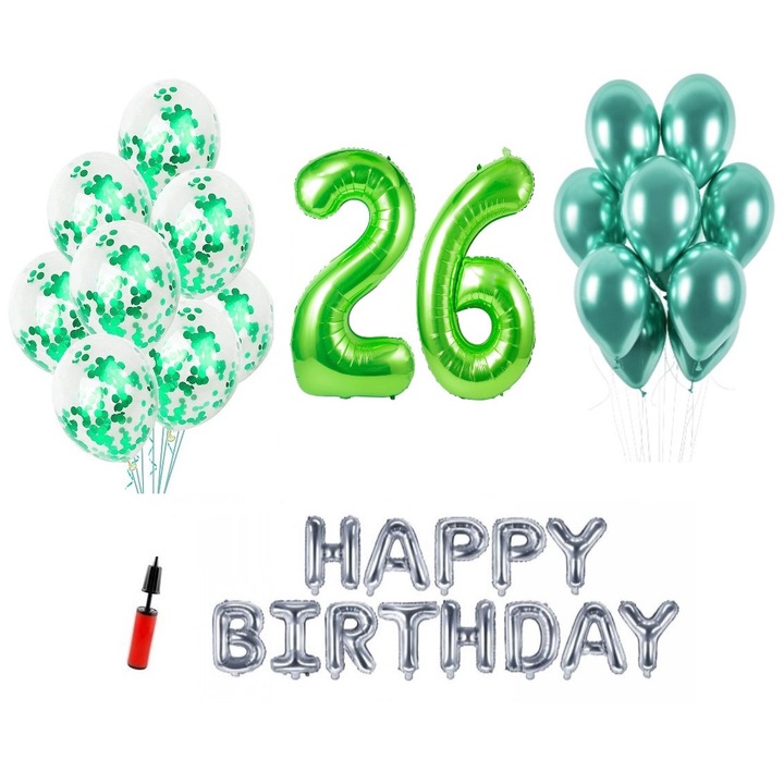 36 db lufi készlet, Boldog születésnapot 26 éves évfordulóra, fóliaszámok 1 m, zöld