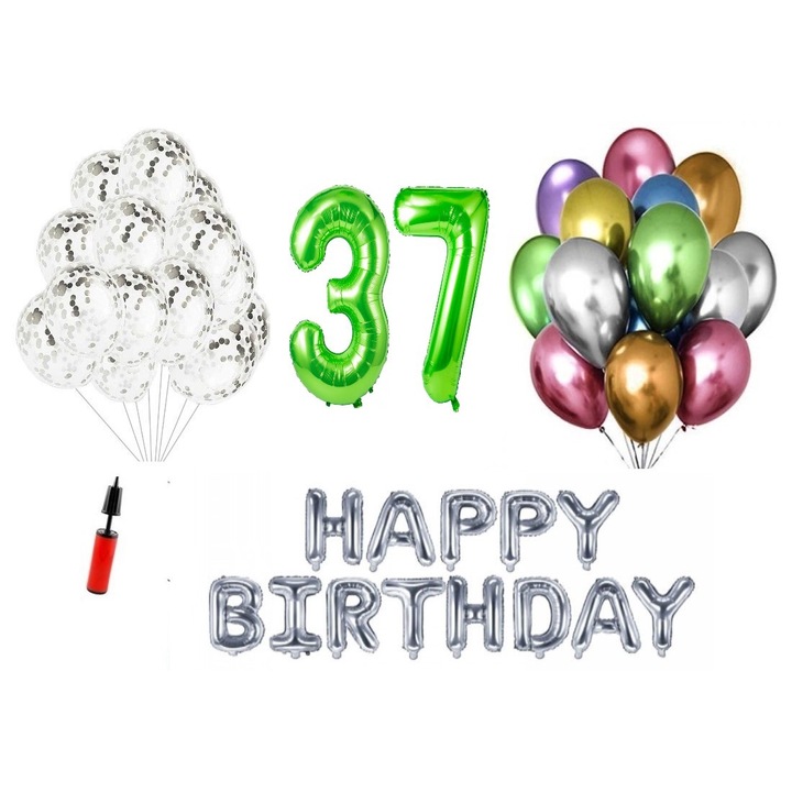 Set 36 baloane, Happy Birthday aniversare 37 ani, cifre folie 100 cm, verde