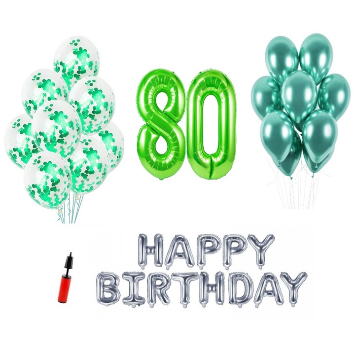 36 db lufi készlet, Boldog születésnapot 80 éves évfordulóra, fóliaszámok 1 m, zöld