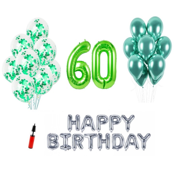 36 db lufi készlet, Boldog születésnapot 60 éves évfordulóra, fóliaszámok 1 m, zöld