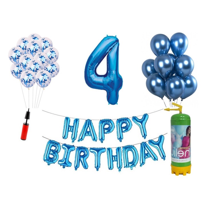 DOMI PARTY & GIFTS lufi szett, 36 elemes, Boldog születésnapot 4 éves évfordulóra, fóliaszám 101 cm, kék + Hélium palack