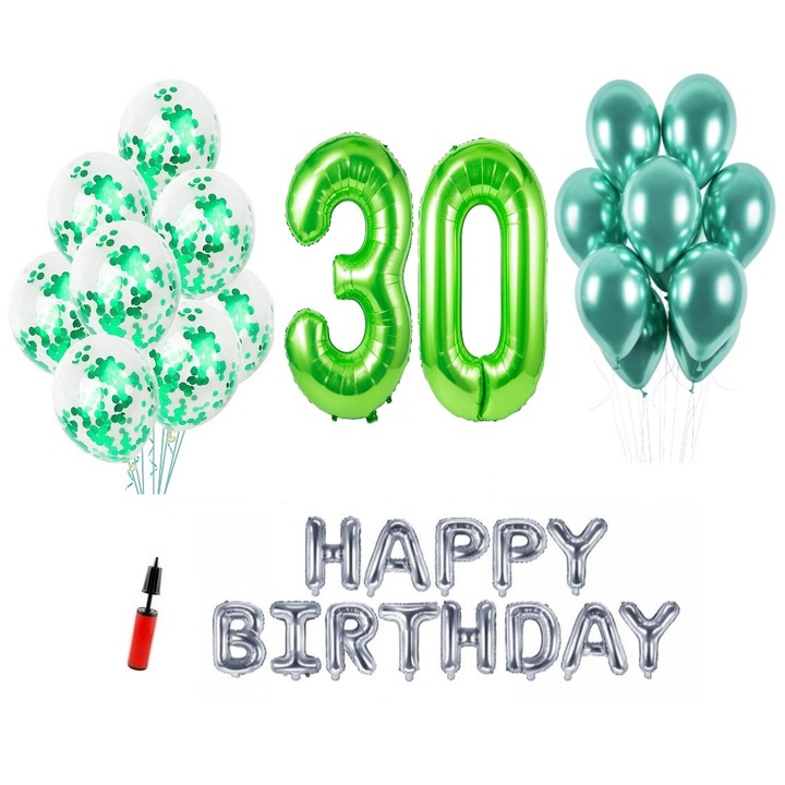 36 db lufi készlet, Boldog születésnapot 30 éves évfordulóra, fóliaszámok 1 m, zöld