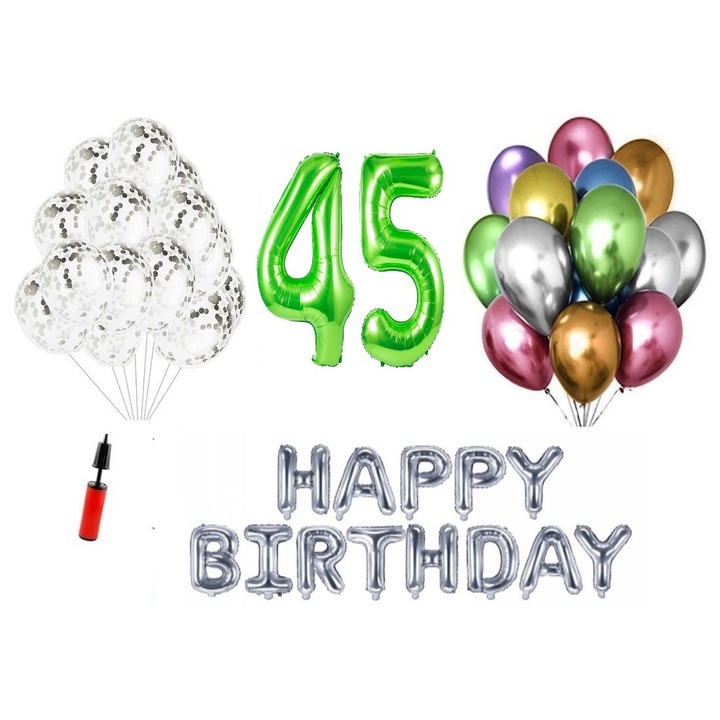 36 db lufi készlet, Boldog születésnapot 45 éves évfordulóra, fóliaszámok 100 cm, zöld