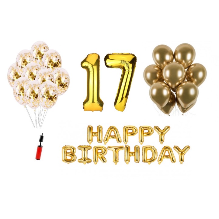 36 db lufi készlet, Boldog születésnapot 17 éves évfordulóra, fóliaszámok 100 cm, arany