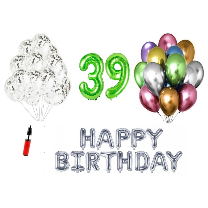 36 db lufi készlet, Boldog születésnapot 39 éves évfordulóra, fóliaszámok 100 cm, zöld