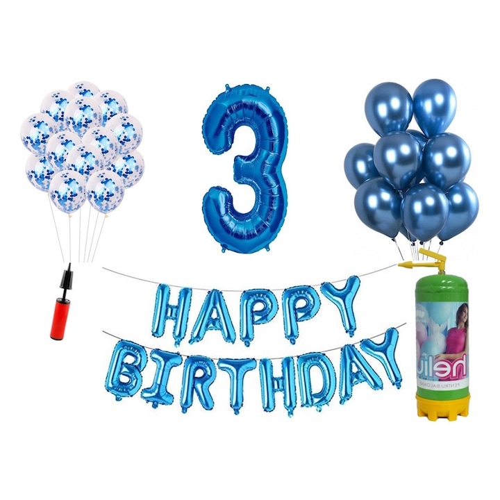 DOMI PARTY & GIFTS lufi szett, 36 elemes, Boldog születésnapot 3 éves évfordulóra, fóliaszám 101 cm, kék + Hélium palack