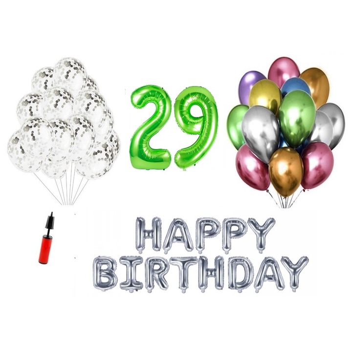 36 db lufi készlet, Boldog születésnapot 29 éves évfordulóra, fóliaszámok 100 cm, zöld