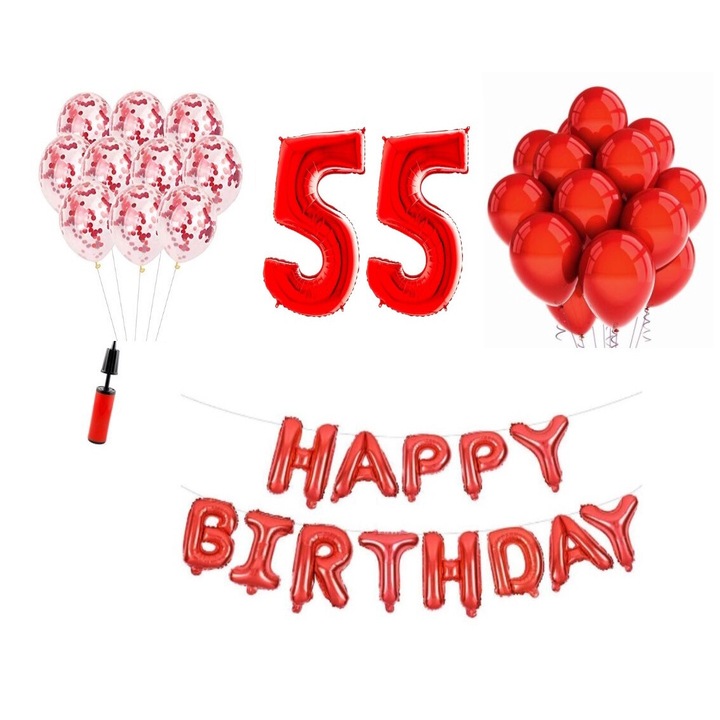 36 db lufi készlet, Boldog születésnapot 55 éves évfordulóra, fóliaszámok 100 cm, piros