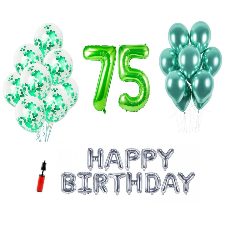 36 db lufi készlet, Boldog születésnapot 75 éves évfordulóra, fóliaszámok 1 m, zöld