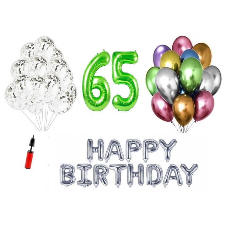 36 db lufi készlet, Boldog születésnapot 65 éves évfordulóra, fóliaszámok 100 cm, zöld