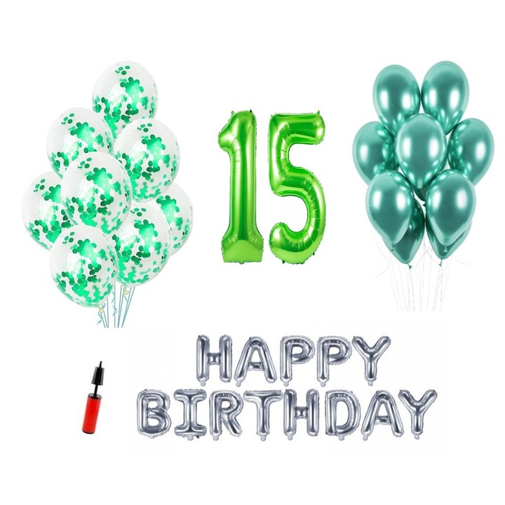 36 db lufi készlet, Boldog születésnapot 15 éves évfordulóra, fóliaszámok 1 m, zöld