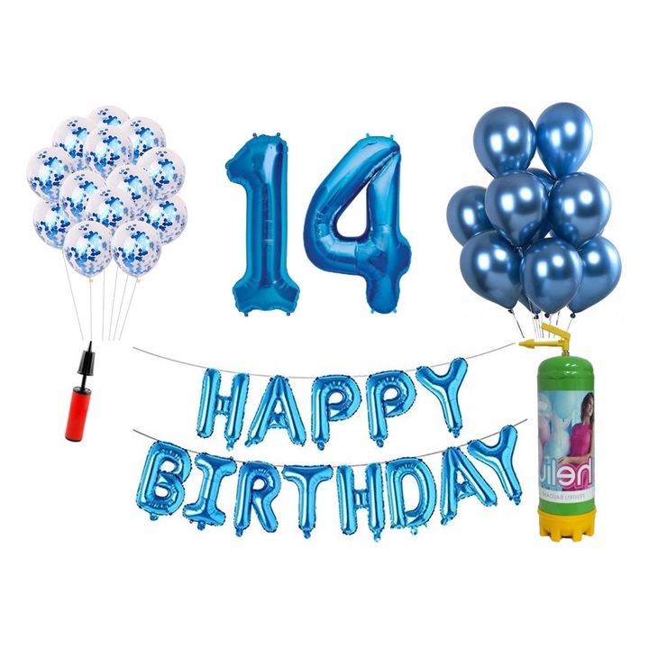 Комплект балони DOMI PARTY & GIFTS, 37 елемента, Happy Birthday 14 години, фолио цифри 101 см, син + бутилка с хелий