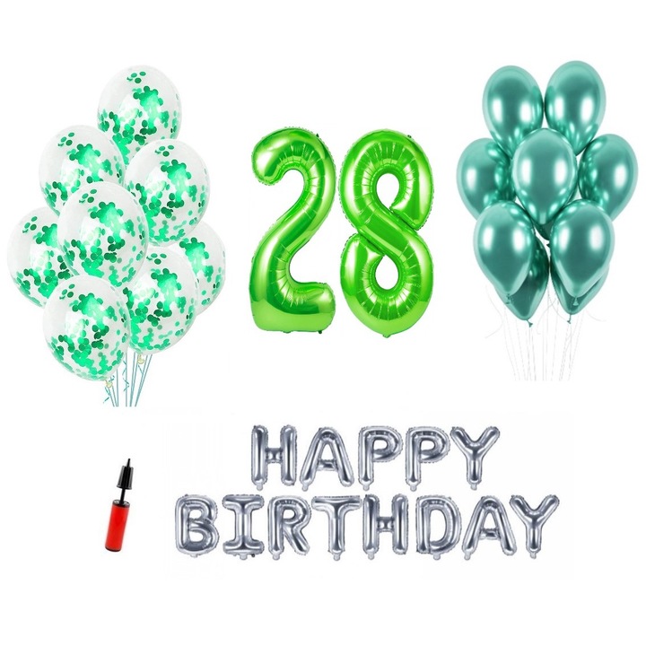 36 db lufi készlet, Boldog születésnapot 28 éves évfordulóra, fóliaszámok 1 m, zöld