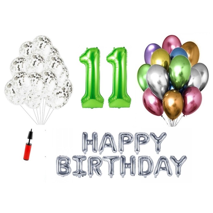 36 db lufi készlet, Boldog születésnapot 11 éves évfordulóra, fóliaszámok 100 cm, zöld