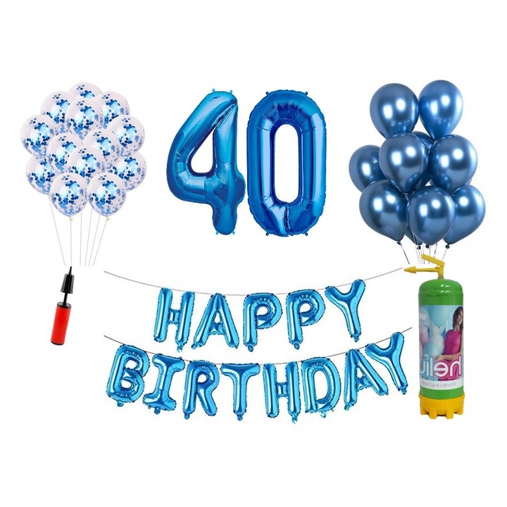 Set 37 baloane DOMI PARTY & GIFTS, Happy Birthday aniversare 40 ani, cifre folie 100 cm, albastru + Butelie de heliu
