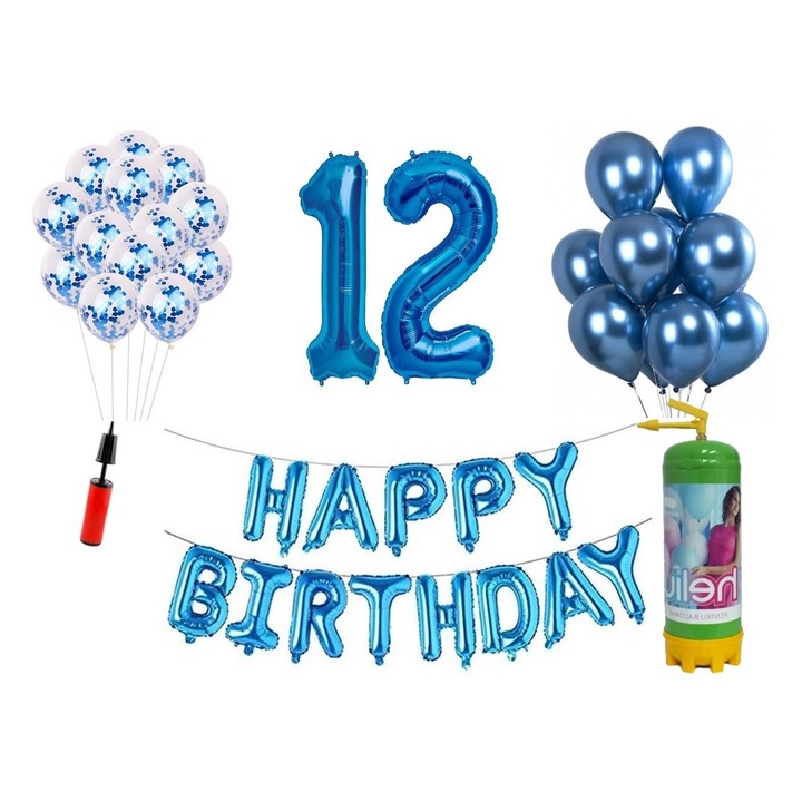 Set 37 baloane DOMI PARTY & GIFTS, Happy Birthday aniversare 12 ani, cifre folie 100 cm, albastru + Butelie de heliu